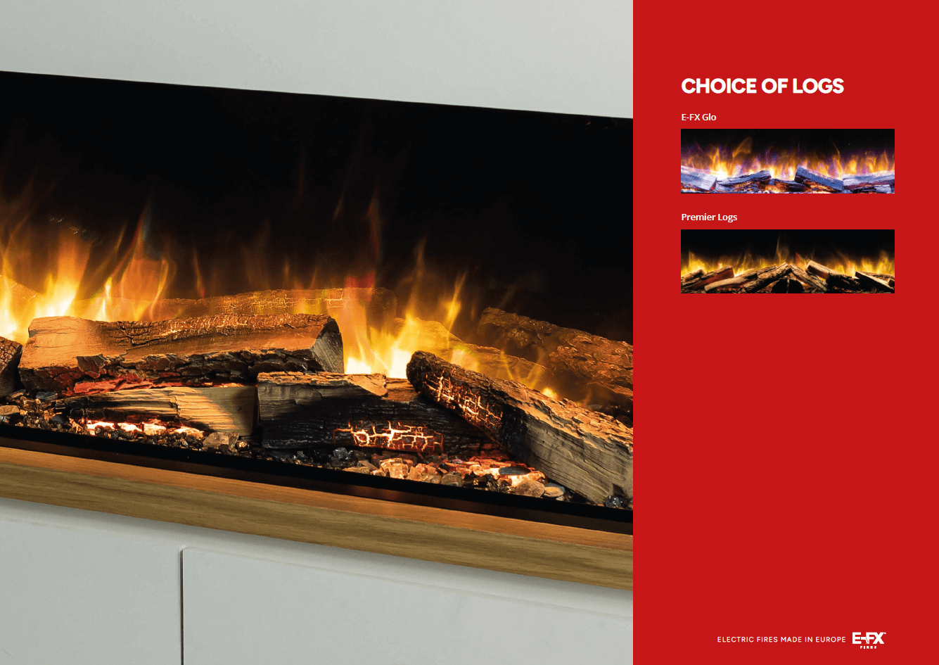 A modern fireplace with realistic flames and burning logs, set against a red background.