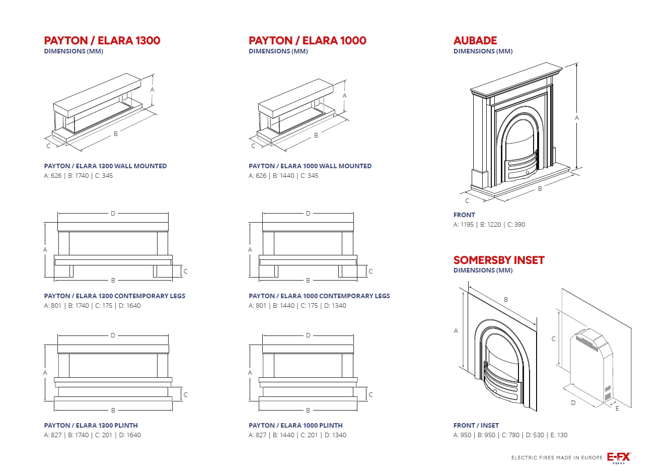 Technical drawings of various fireplace designs and specifications.