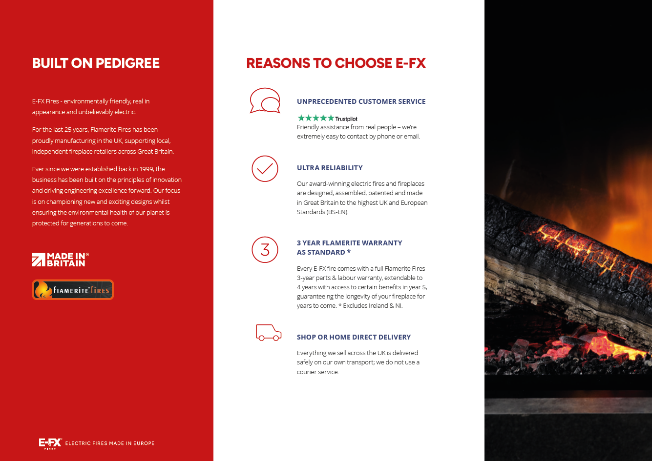 Promotional brochure with bold text and fire imagery for flamerite fires