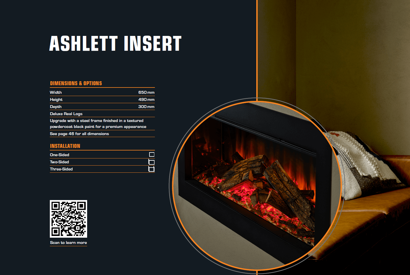 Ashlett insert with glowing logs and embers, details on the side.