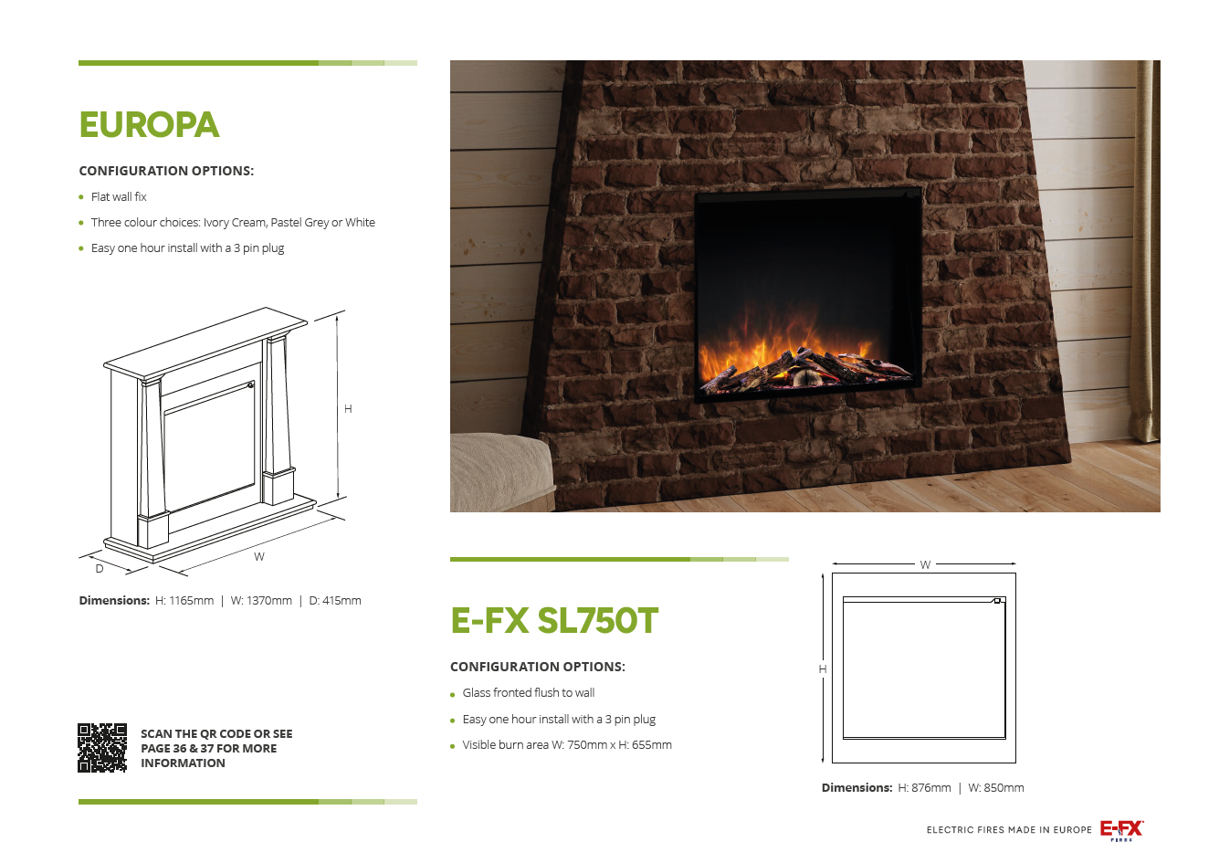 Modern fireplace design featuring a brick surround and realistic flame effect. Dimensions included.