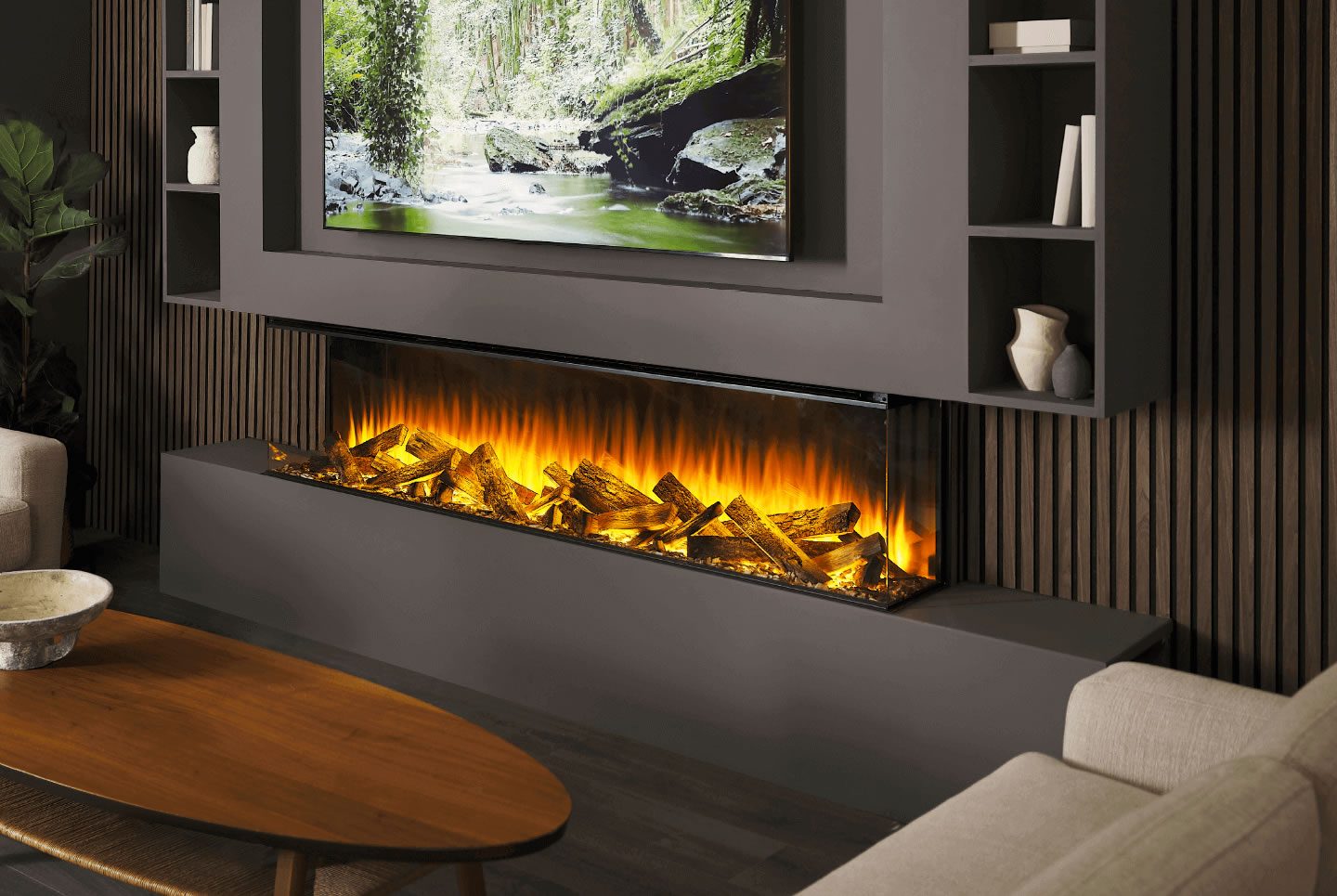 Modern living room with a sleek electric fireplace and a large TV above it.