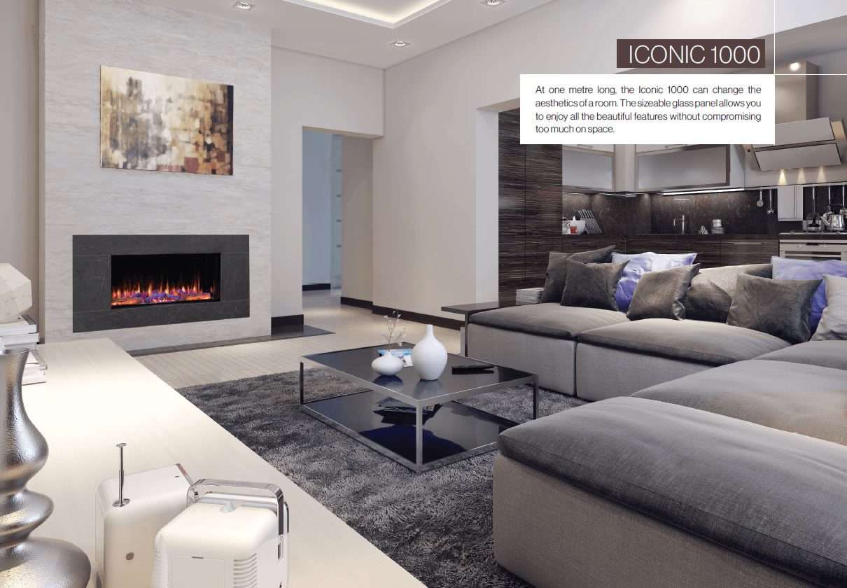 Modern living room with a fireplace, grey sofas, and a glass coffee table. Bright and spacious.