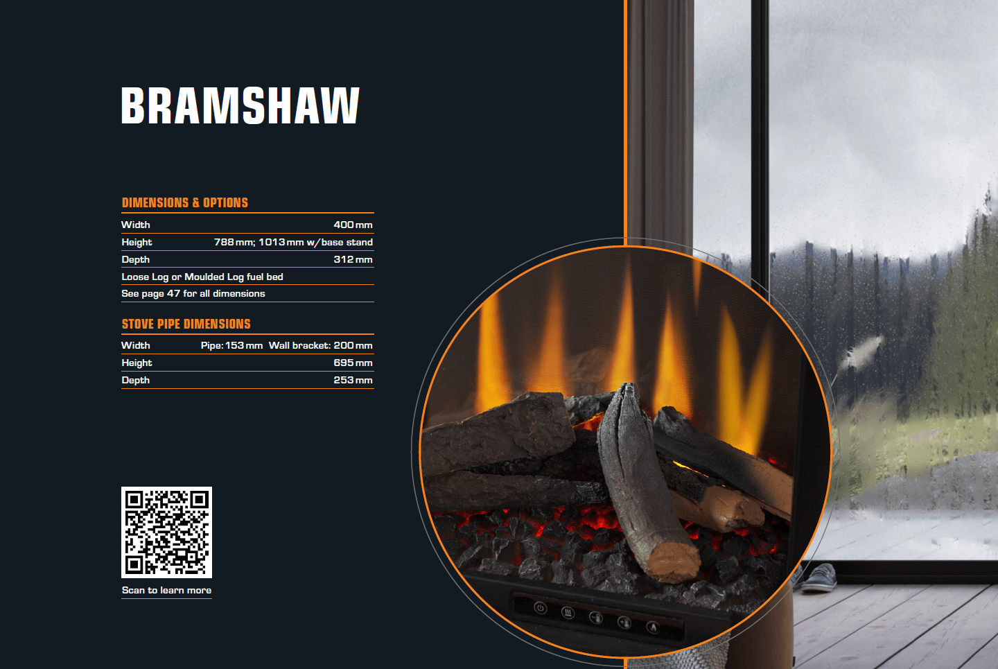 Menu showcasing a fireplace with glowing logs and a scenic forest view outside.