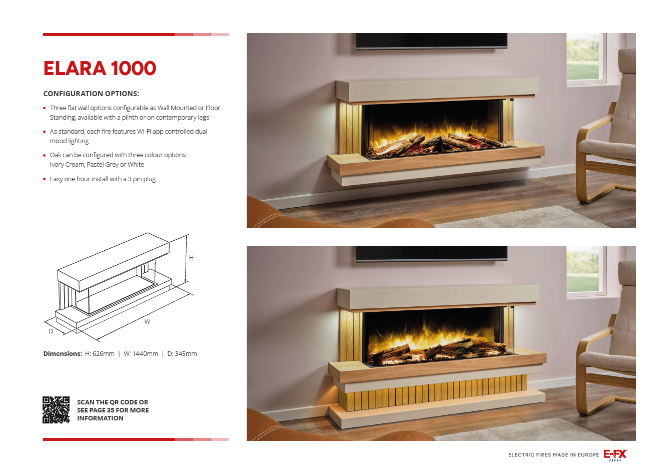 Modern fireplace design with a wooden mantle and ambient lighting, displayed in two views.