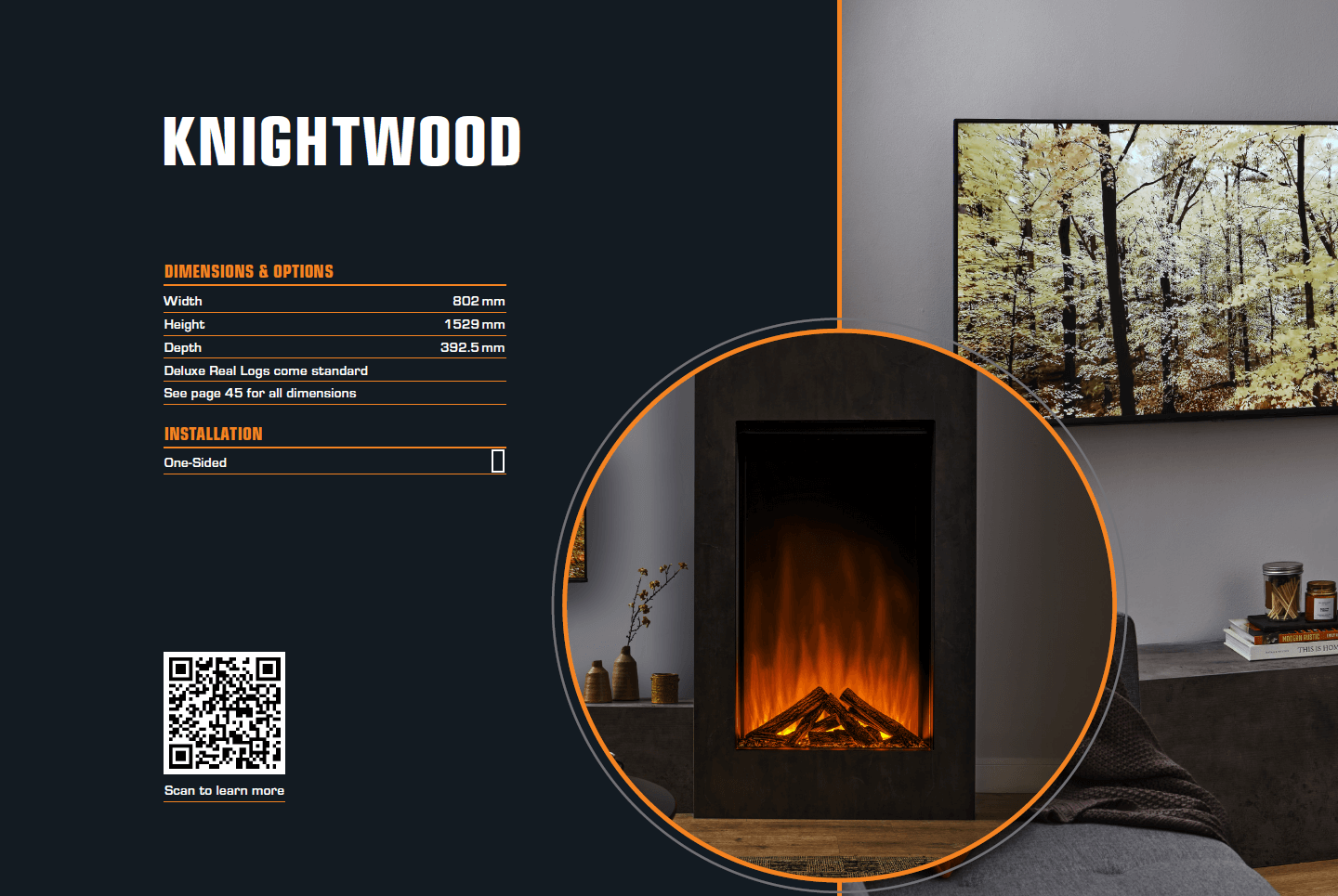 Modern electric fireplace display with specifications and a QR code on a dark background.