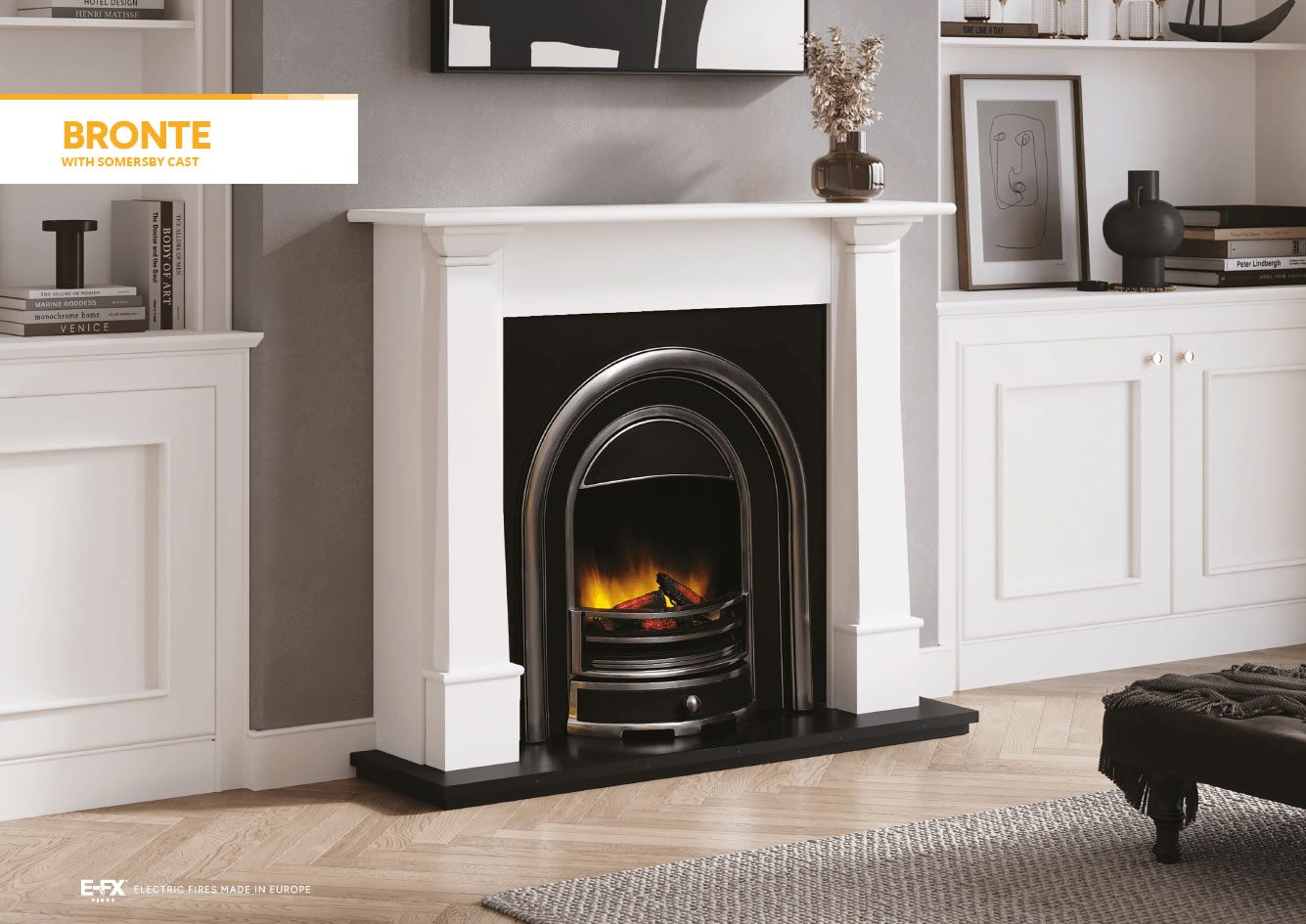 A stylish fireplace with an arch design, surrounded by elegant white cabinetry.