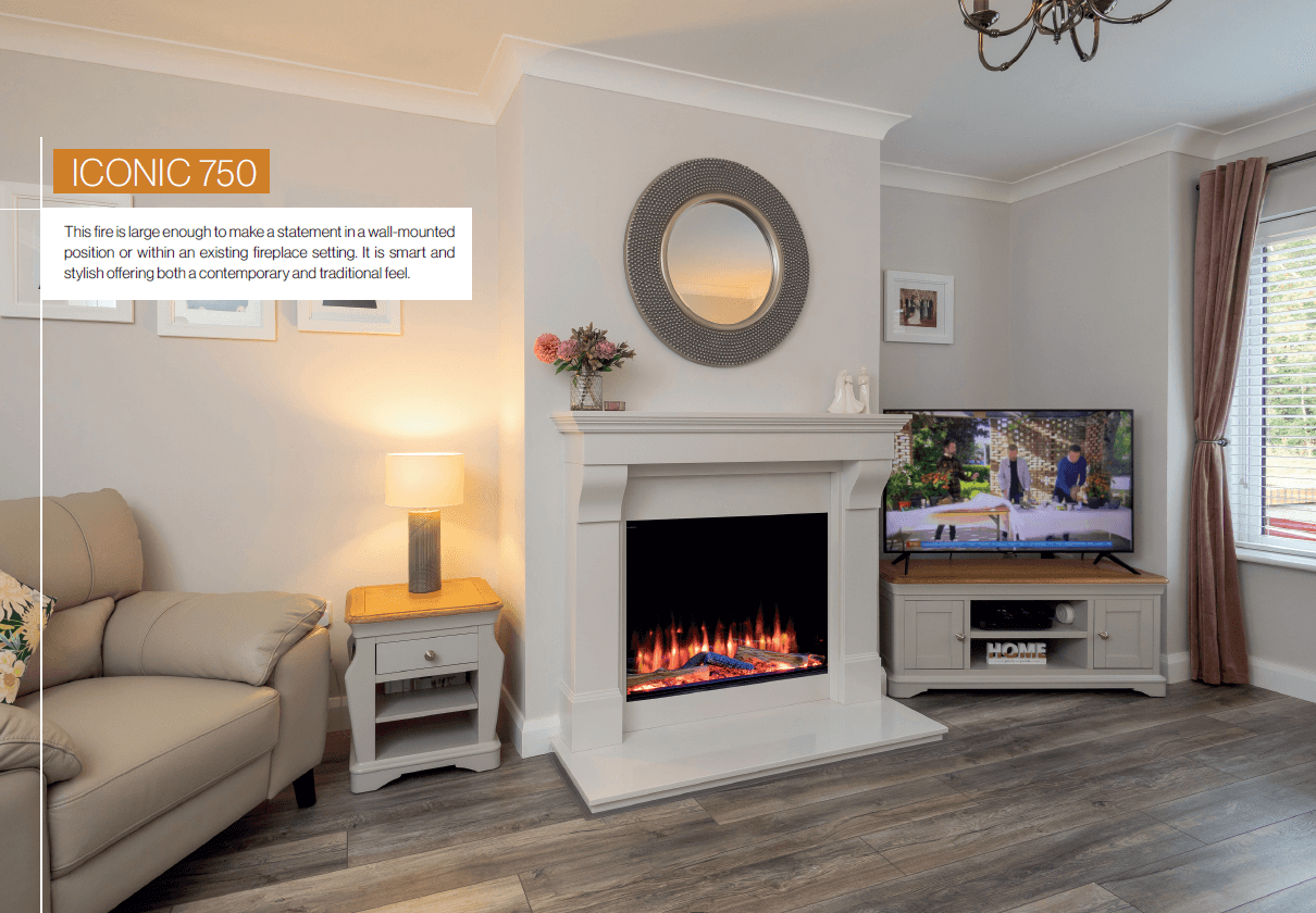 Cosy living room featuring a modern fireplace, TV, sofa, and decorative wall mirror.