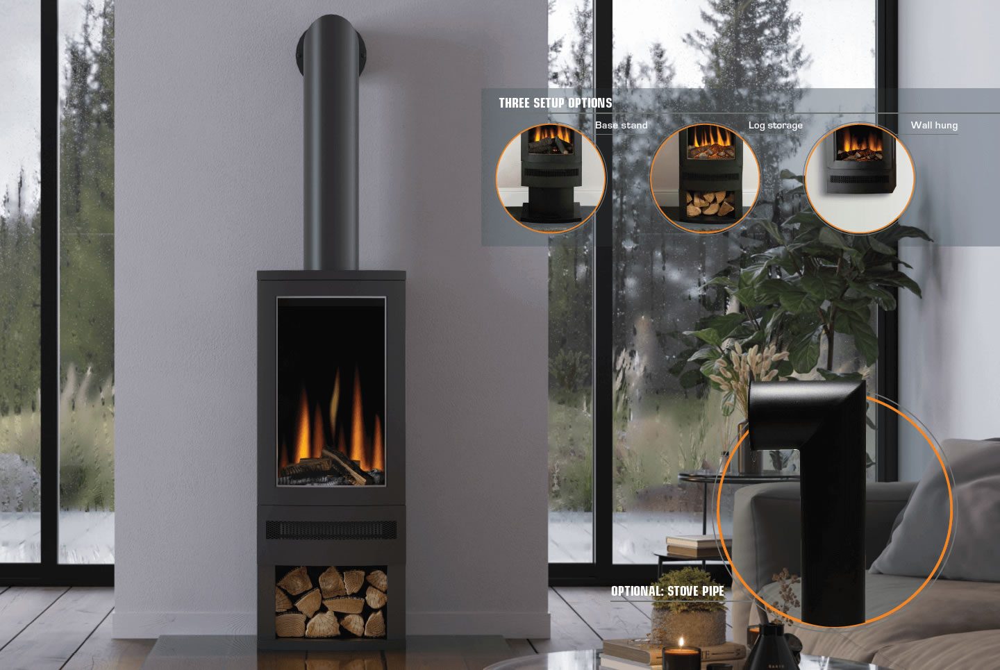 Modern wood-burning stove lookalike with glass front, surrounded by a stylish living space.