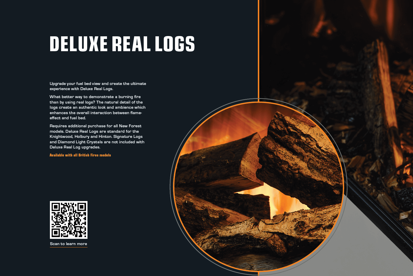 Packaging design featuring real logs with a warm fire background and QR code.