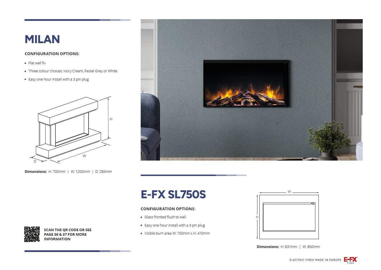 Contemporary electric fireplace design with specifications and dimensions.