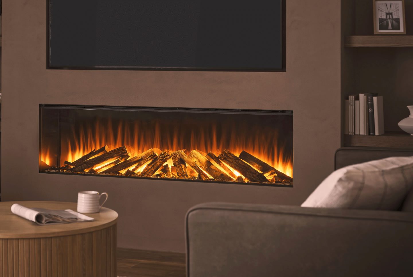 Modern electric fireplace with glowing logs and a warm ambience in a stylish living room. British fires 1600