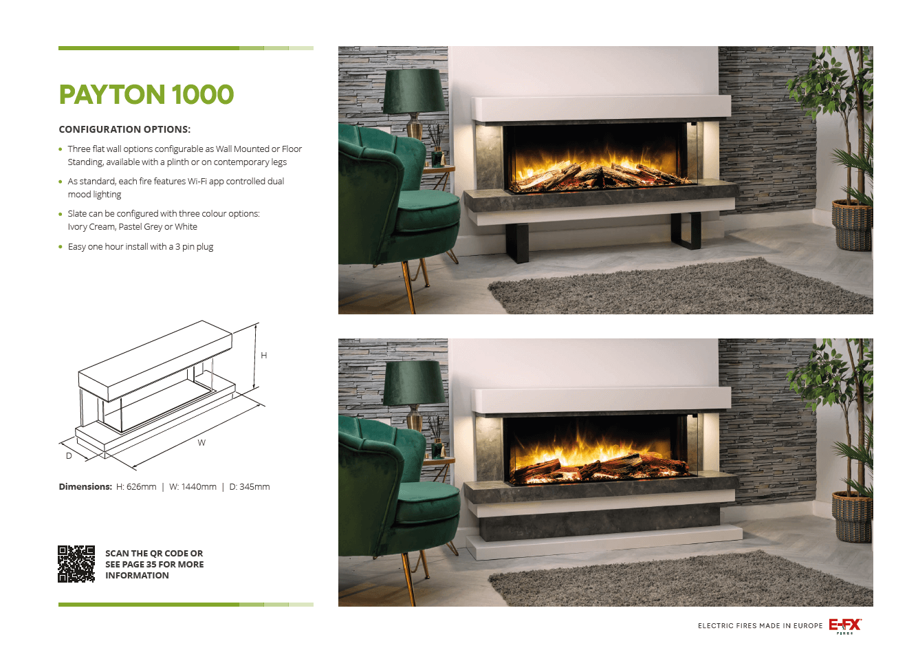 Modern fireplace design with two configurations, featuring a sleek mantel and green armchair.