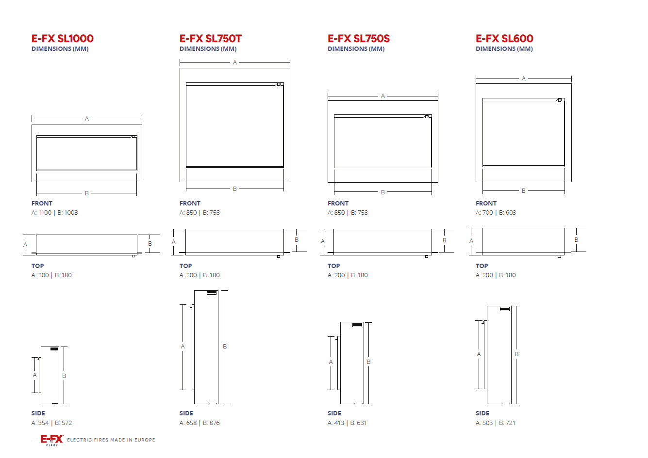 Technical drawings of various screen sizes with dimensions and specifications.