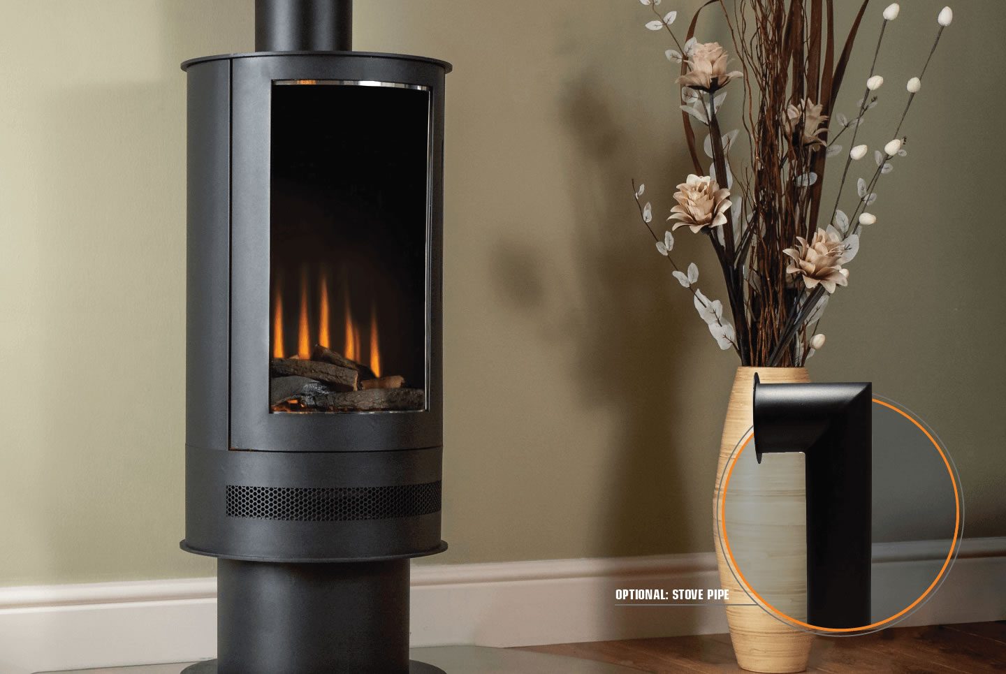 A modern black stove with a warm glow beside a decorative vase