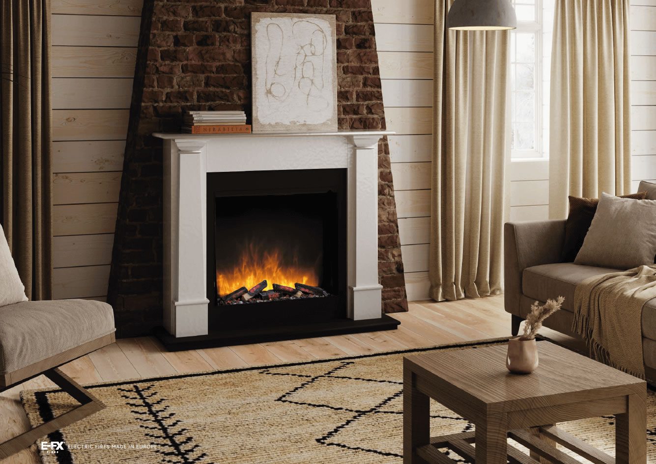 Modern living room with a faux fireplace, neutral furniture, and patterned rug.