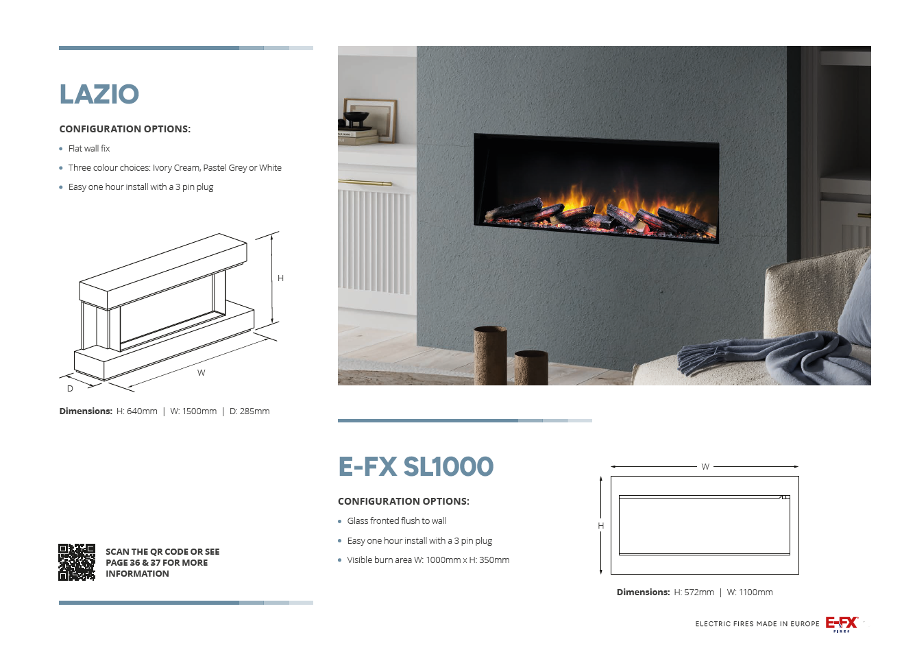 Modern linear fireplace design with sleek dimensions and a stylish grey finish.