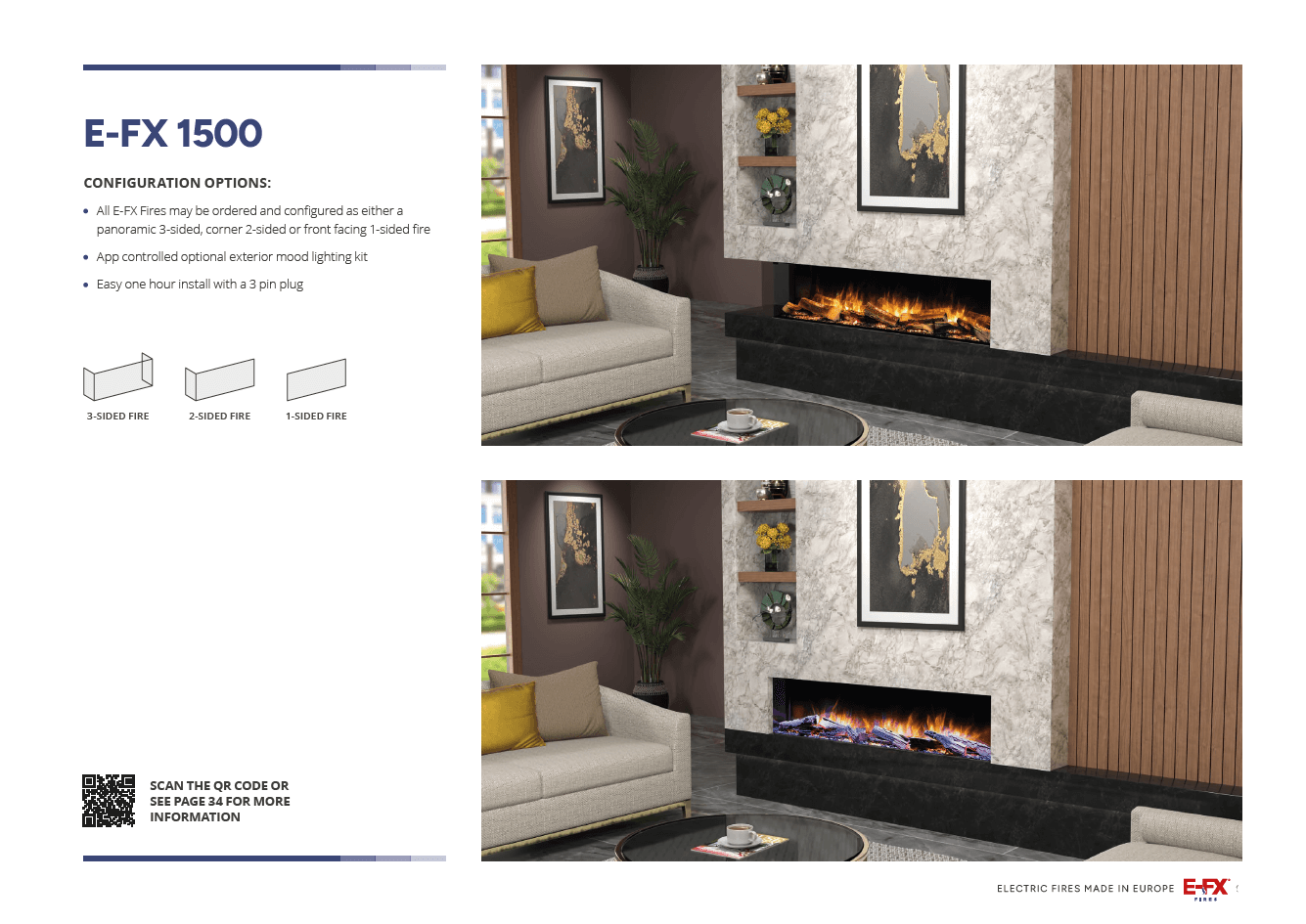 Modern living room with a stylish fireplace and contemporary furniture. e-fx 1500