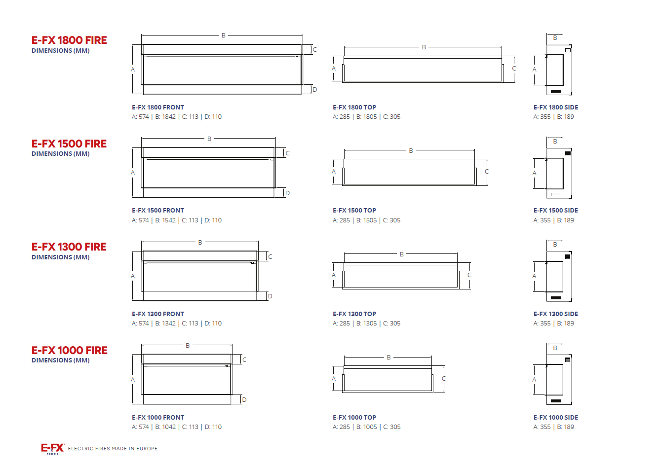 Various rectangular product designs with dimensions and labels.