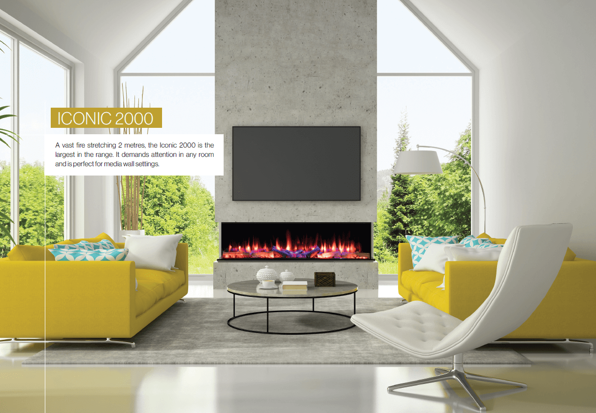 Modern living room with yellow sofas, a sleek fireplace, and large windows offering greenery views.