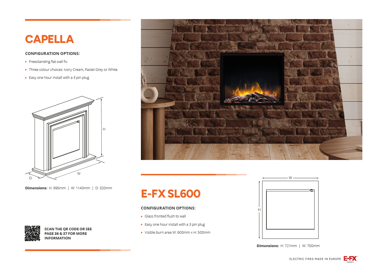 Modern fireplace design with a brick surround, dimensions and product details included.